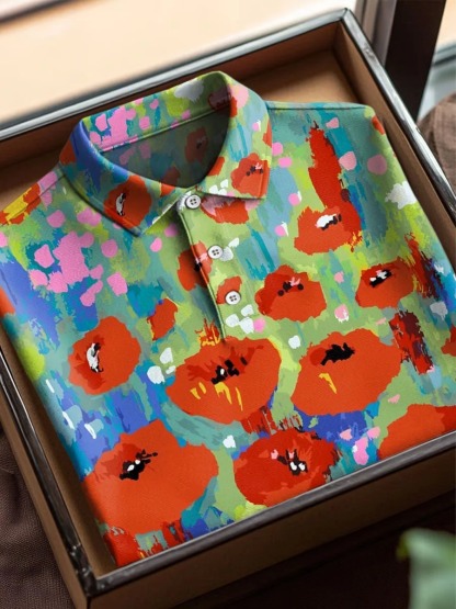 Vintage Floral Art Print Casual Cotton Short Sleeve Polo