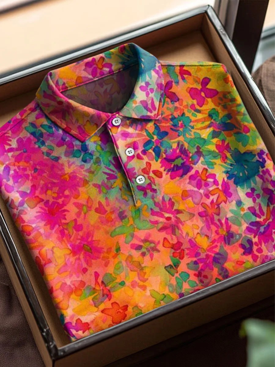 Vintage Floral Art Print Casual Cotton Short Sleeve Polo