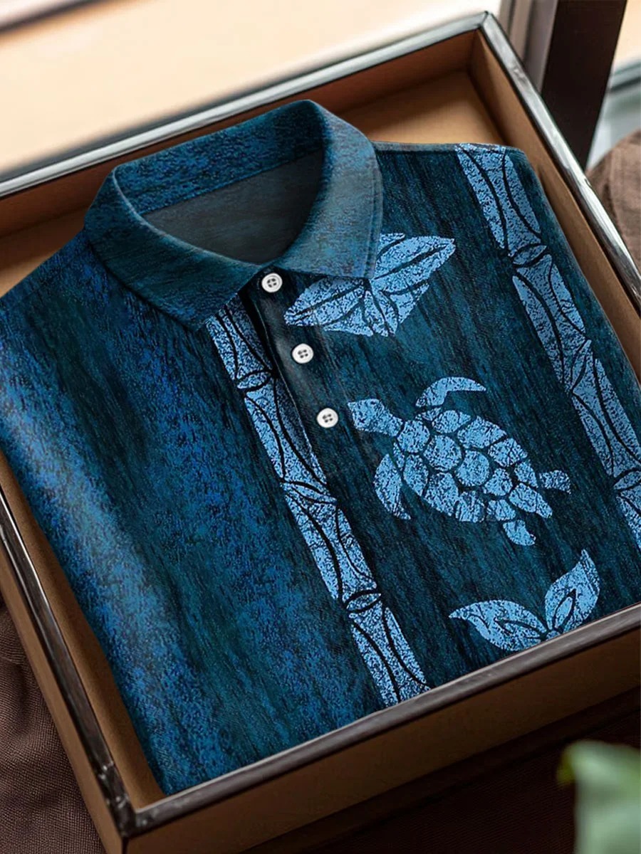 Vintage Abstract Turtle Floral Art Print Casual Cotton Short Sleeve Polo
