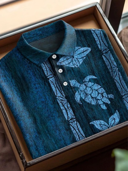 Vintage Abstract Turtle Floral Art Print Casual Cotton Short Sleeve Polo