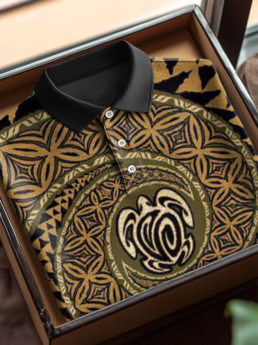 Vintage Abstract Turtle Floral Art Print Casual Cotton Short Sleeve Polo