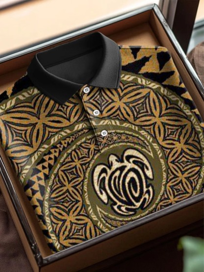 Vintage Abstract Turtle Floral Art Print Casual Cotton Short Sleeve Polo