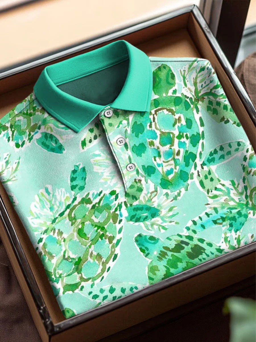 Vintage Abstract Turtle Floral Art Print Casual Cotton Short Sleeve Polo