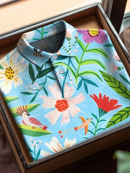 Vintage Flower Art Print Casual Cotton Short Sleeve Polo