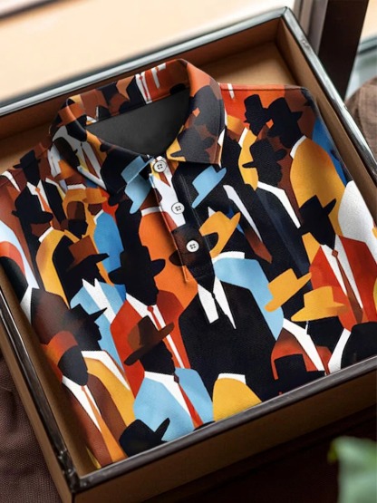 Vintage African Art Print Casual Cotton Short Sleeve Polo