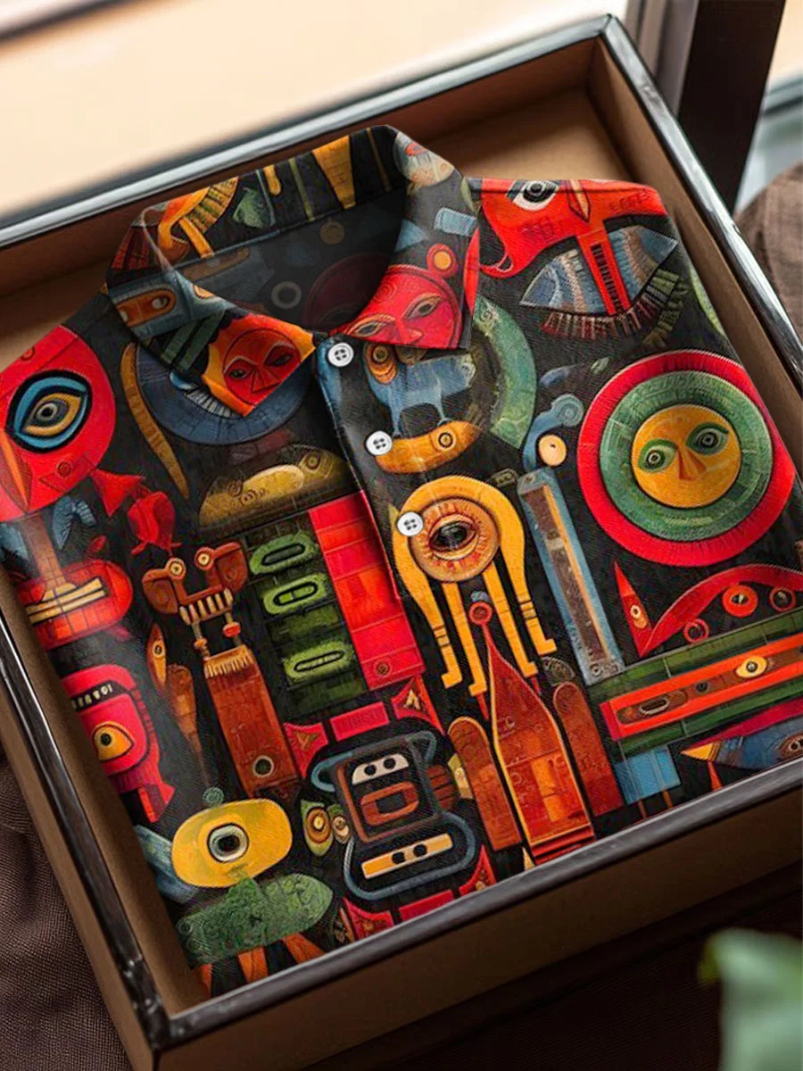 Vintage African Art Print Casual Cotton Short Sleeve Polo