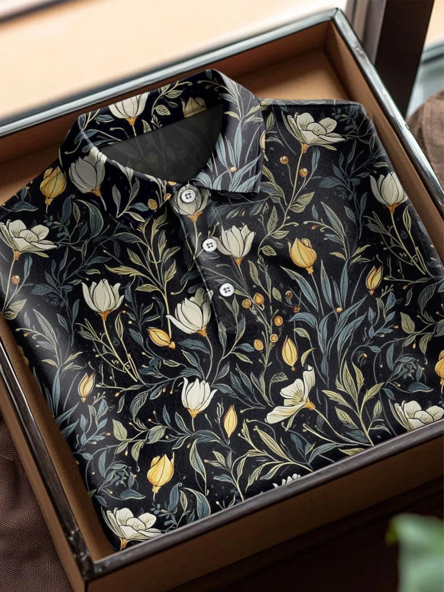 Vintage Flower Art Print Casual Cotton Short Sleeve Polo