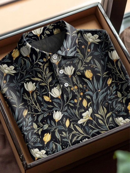 Vintage Flower Art Print Casual Cotton Short Sleeve Polo