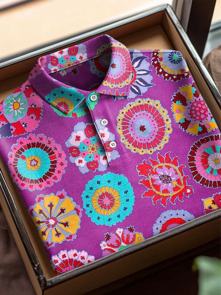 Vintage Abstract Flowers Art Print Casual Cotton Short Sleeve Polo