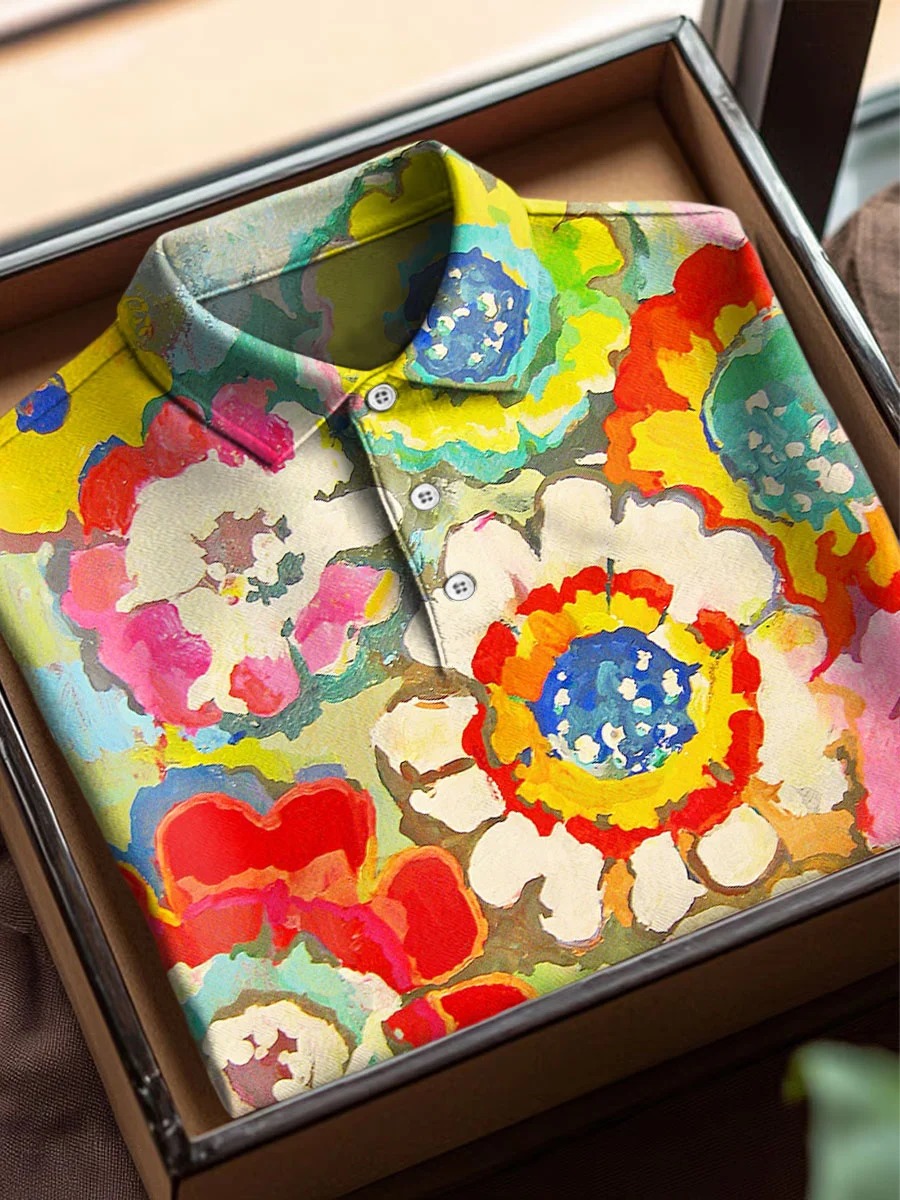 Vintage Abstract Flowers Art Print Casual Cotton Short Sleeve Polo