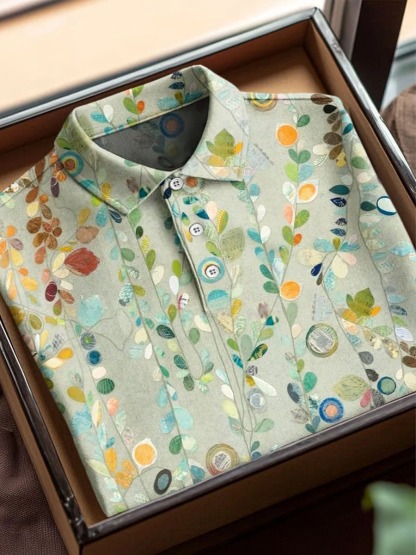 Vintage Abstract Flowers Art Print Casual Cotton Short Sleeve Polo