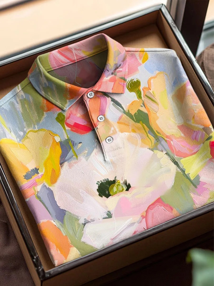 Vintage Abstract Flowers Art Print Casual Cotton Short Sleeve Polo