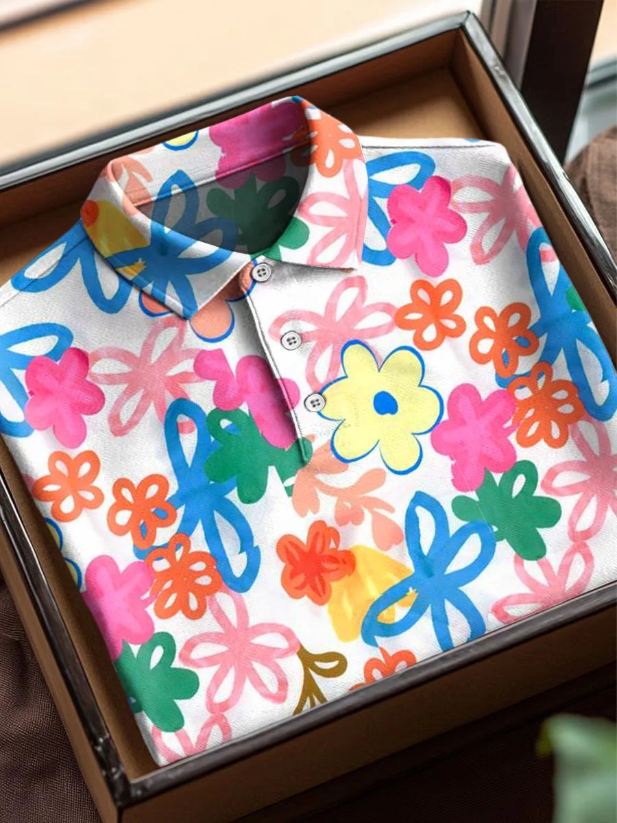  Vintage Abstract Flowers Art Print Casual Cotton Short Sleeve Polo
