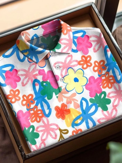  Vintage Abstract Flowers Art Print Casual Cotton Short Sleeve Polo