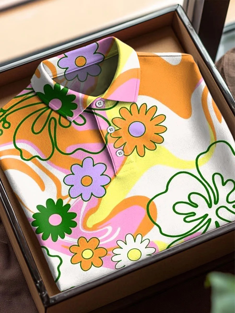 Vintage Abstract Flowers Art Print Casual Cotton Short Sleeve Polo