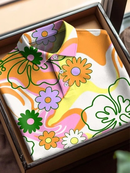 Vintage Abstract Flowers Art Print Casual Cotton Short Sleeve Polo
