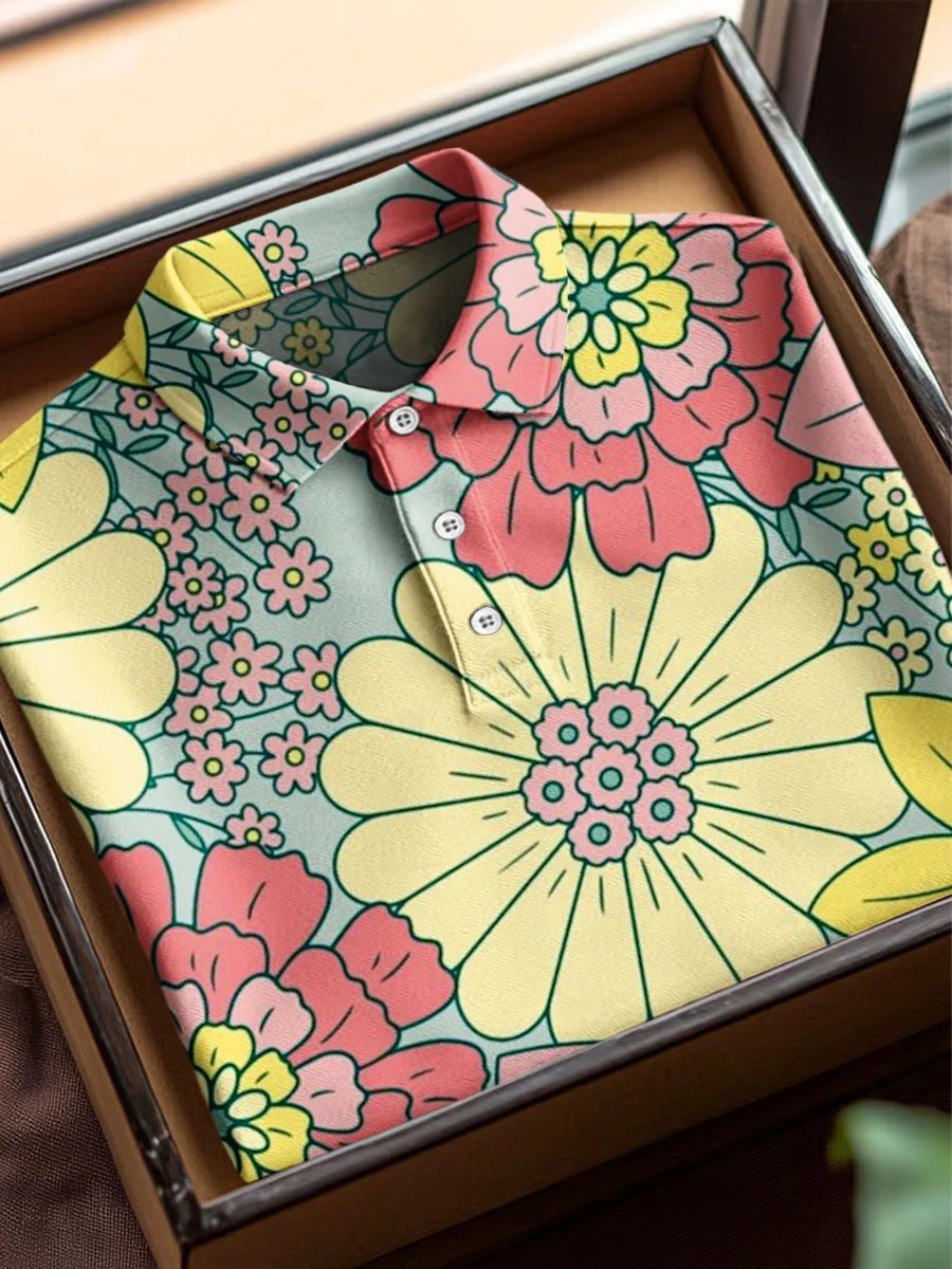 Vintage Abstract Flowers Art Print Casual Cotton Short Sleeve Polo
