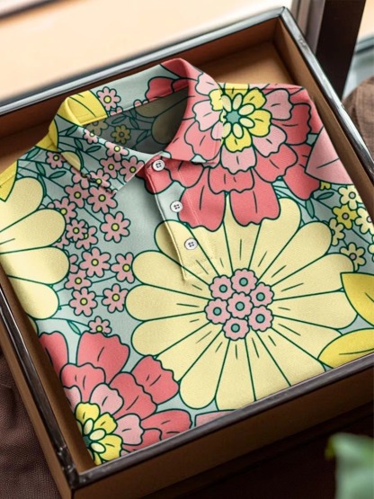 Vintage Abstract Flowers Art Print Casual Cotton Short Sleeve Polo