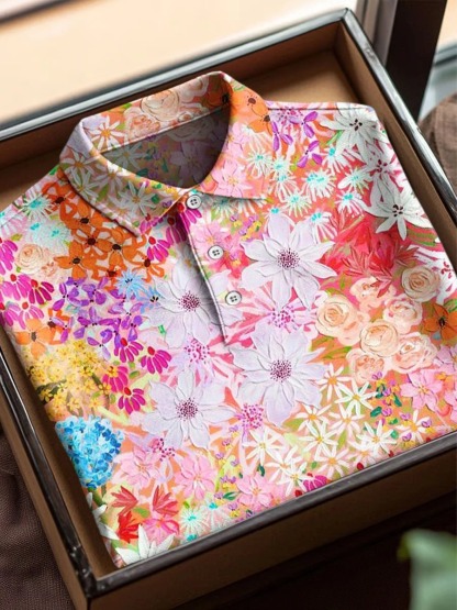 Vintage Abstract Flowers Art Print Casual Cotton Short Sleeve Polo