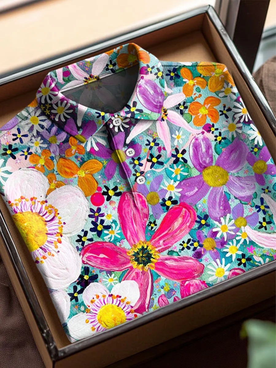 Vintage Abstract Flowers Art Print Casual Cotton Short Sleeve Polo
