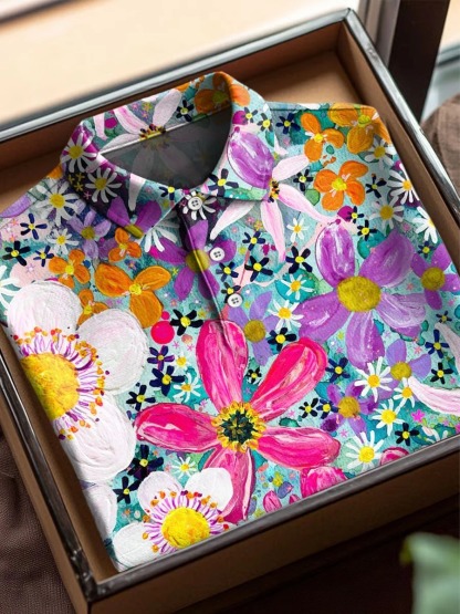 Vintage Abstract Flowers Art Print Casual Cotton Short Sleeve Polo