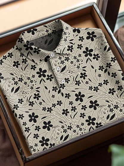 Vintage Flower Art Print Casual Cotton Short Sleeve Polo