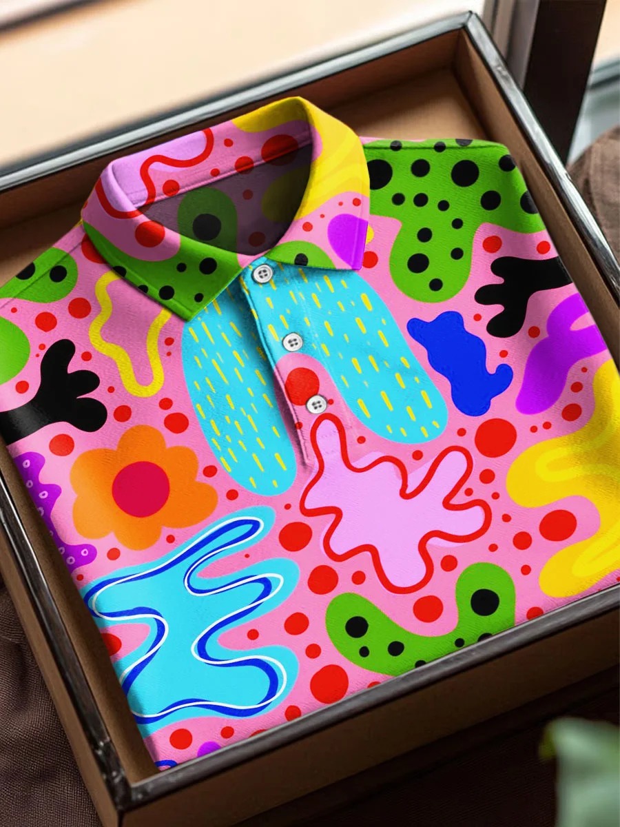 Colorful Abstract Grotesque Art Print Casual Cotton Short Sleeve Polo