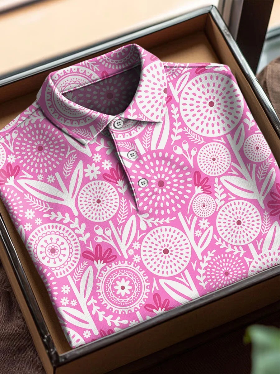 Colorful Flower Art Print Casual Cotton Short Sleeve Polo