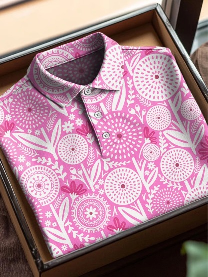 Colorful Flower Art Print Casual Cotton Short Sleeve Polo