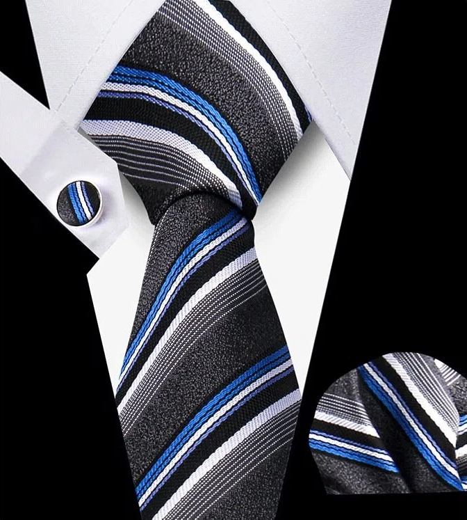 Men's Tie and Pocket Square and Clip Cufflinks Set