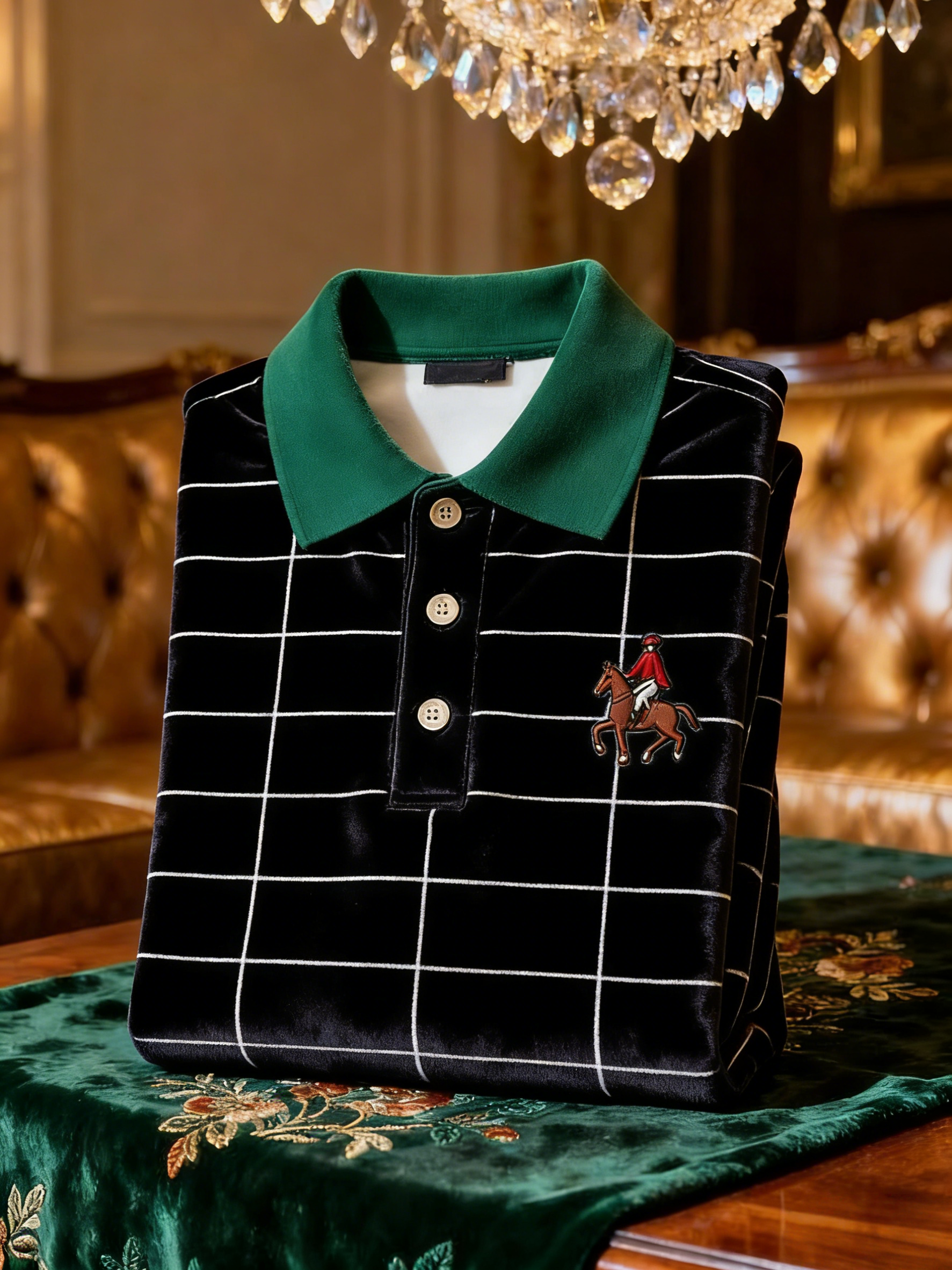 Men's Velvet Business Logo Print Long Sleeve Polo Shirt