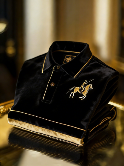 Men's Velvet Business Logo Print Long Sleeve Polo Shirt