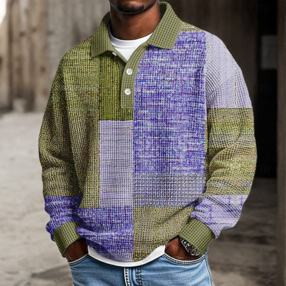 Men's Color Block Geometic Waffle Polo Shirts