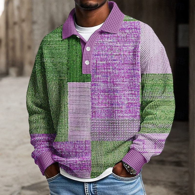 Men's Color Block Geometic Waffle Polo Shirts