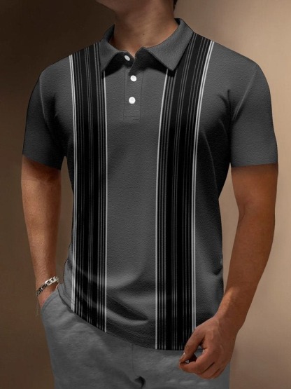 Retro Bowling Striped Printed Men's Button Short Sleeve POLO Shirt