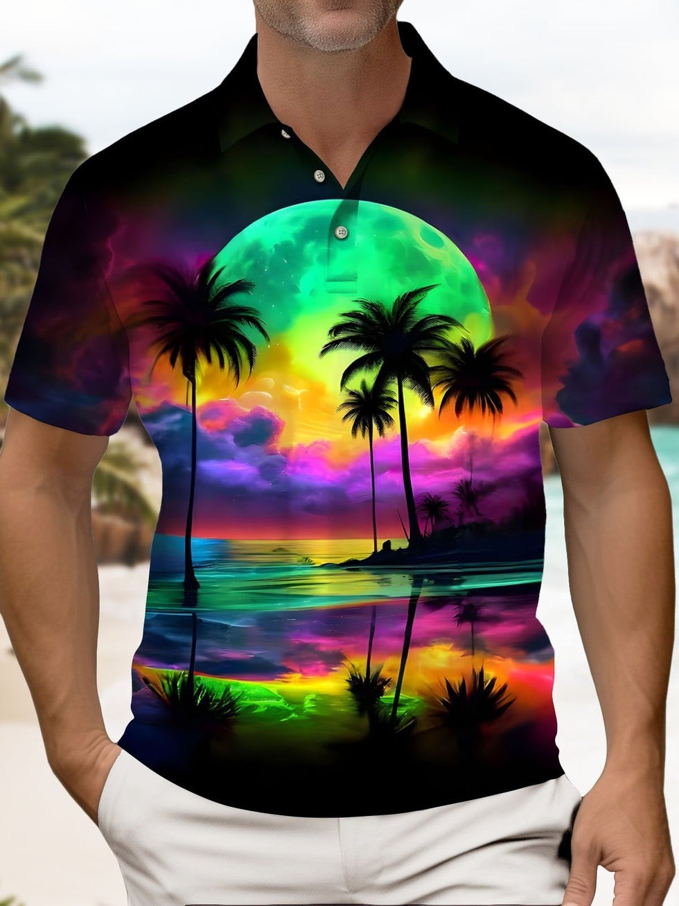 Palm Tree Vacation Button-Down Stretch Men's Short-Sleeve Polo Shirt