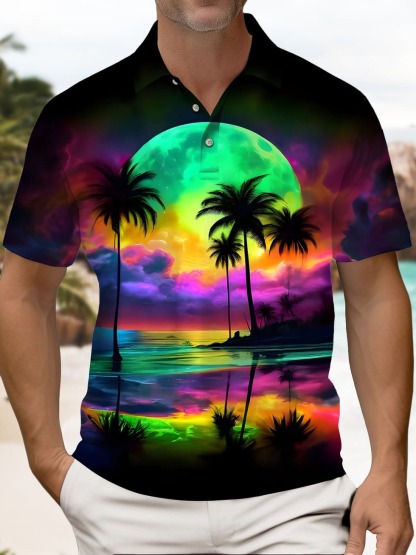 Palm Tree Vacation Button-Down Stretch Men's Short-Sleeve Polo Shirt