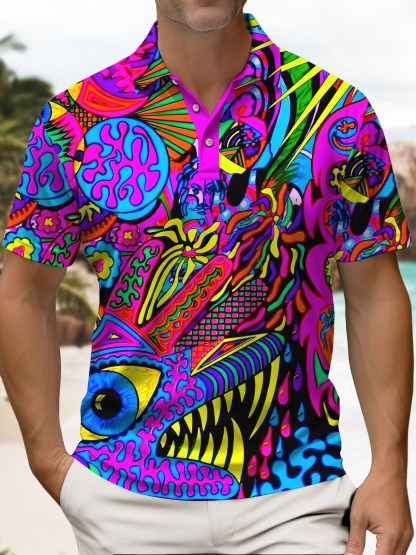 Vintage Abstract Art Texture Print Chest Men's Polo Shirt