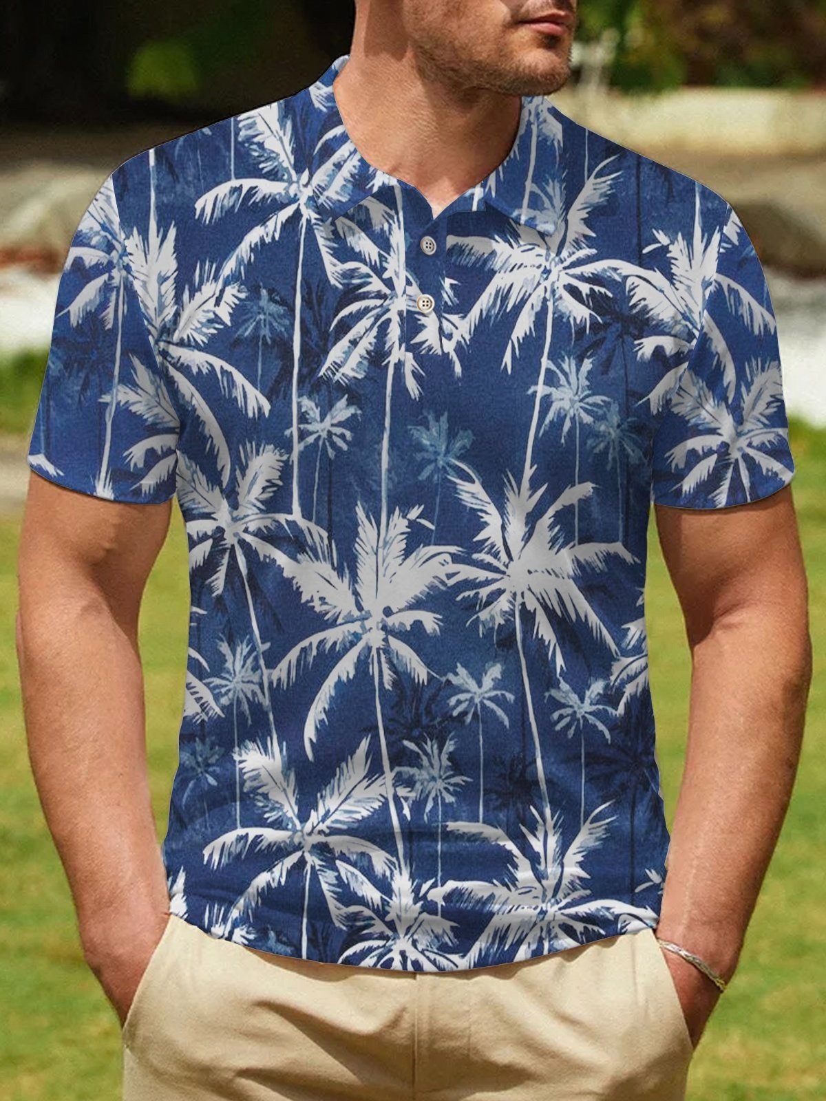 Coconut Tree Print Beach Hawaiian Big & Tall Aloha Golf Polo Shirt