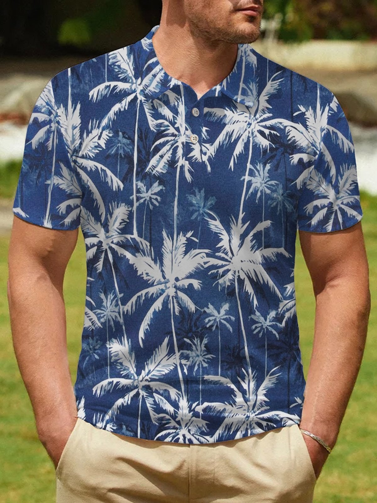 Coconut Tree Print Beach Hawaiian Big & Tall Aloha Golf Polo Shirt