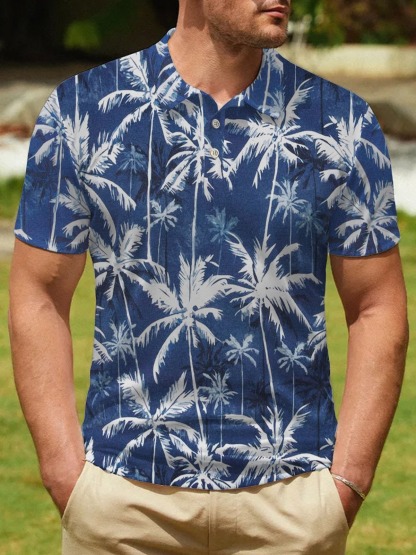 Coconut Tree Print Beach Hawaiian Big & Tall Aloha Golf Polo Shirt