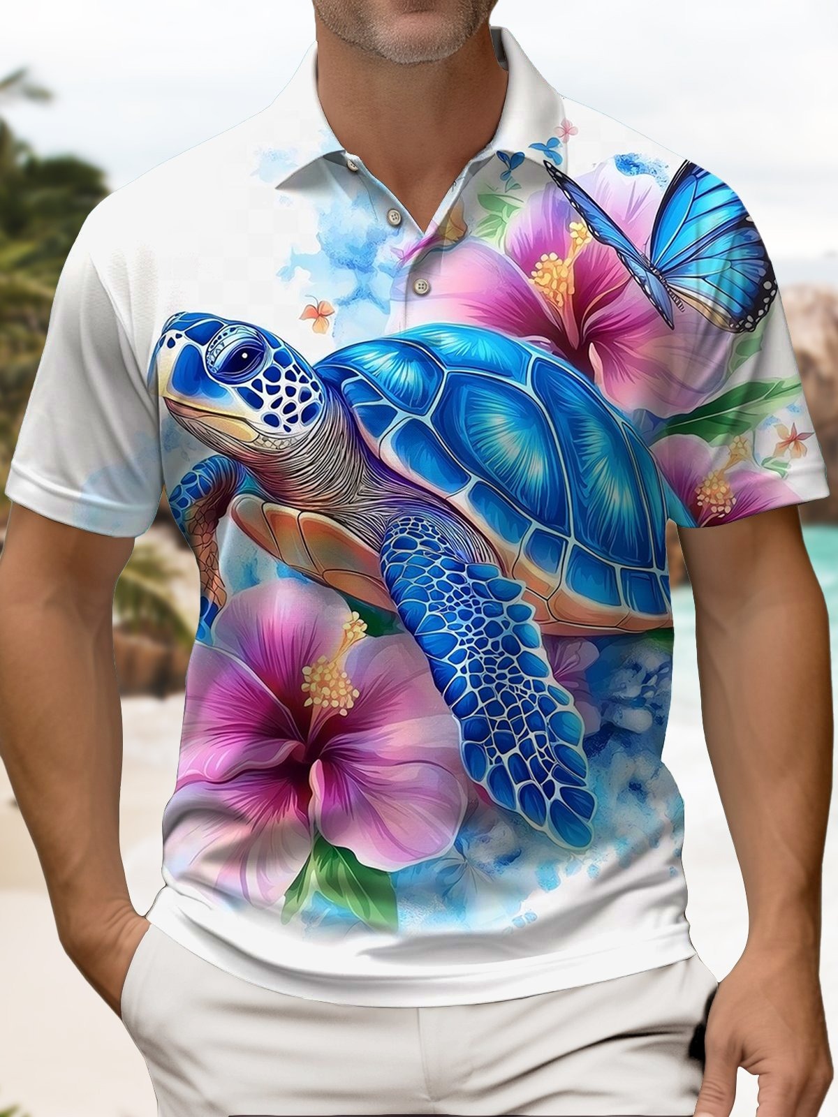 Sea Turtle Flower Art Print Men's Short Sleeve Polo Shirt