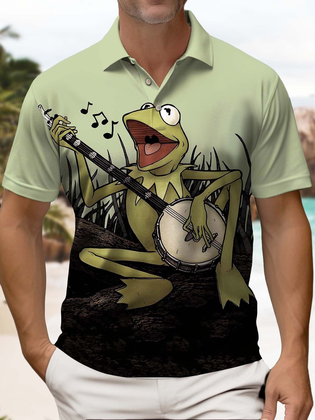 Casual Cartoon Funny Frog Print Art Men's Short Sleeve Polo Shirt