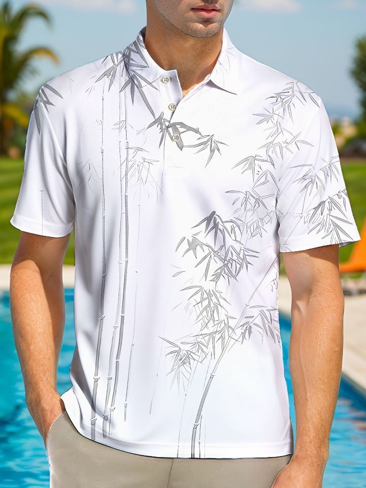 Plant Bamboo Buttons Casual Short Sleeve Polo Shirt