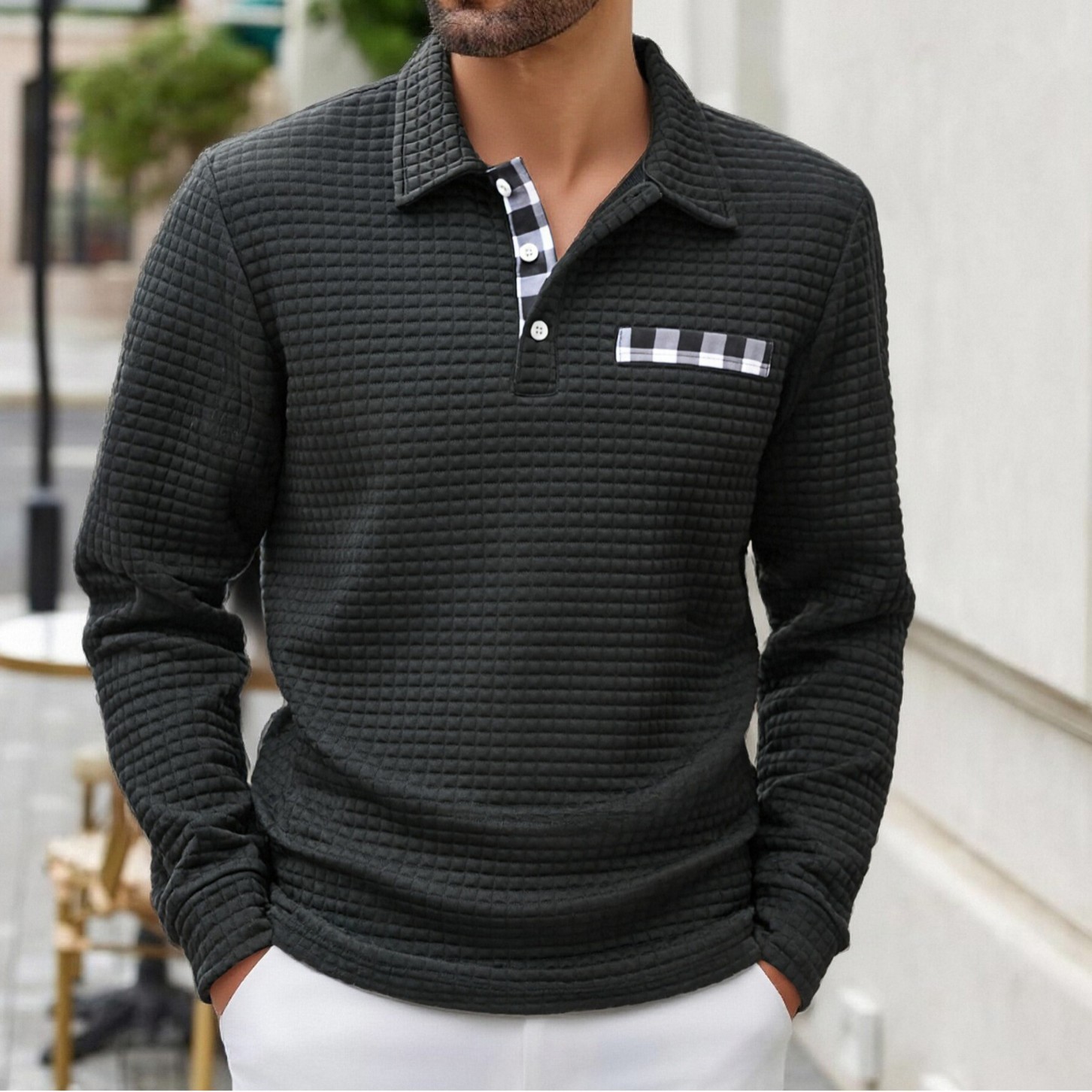 Men's Vintage Striped Long-Sleeved Henley Polo Shirt