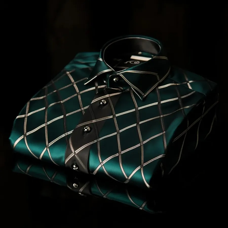 High Elasticity Soft Unique Men's Satin Luxe Print Long Sleeve Button Shirt