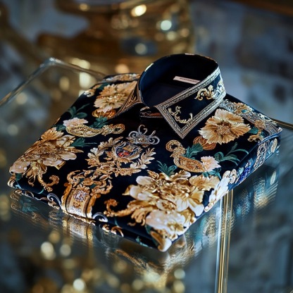 High Elasticity Soft Unique Men's Satin Luxe Print Long Sleeve Button Shirt