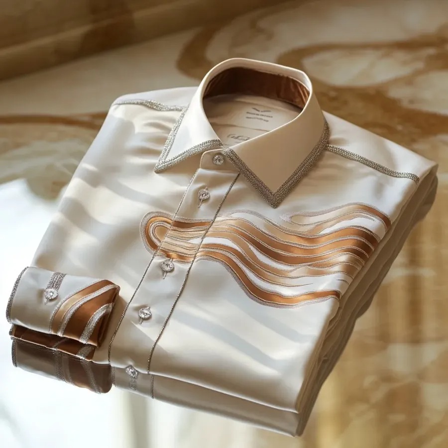 High Elasticity Soft Unique Men's Satin Luxe Print Long Sleeve Button Shirt