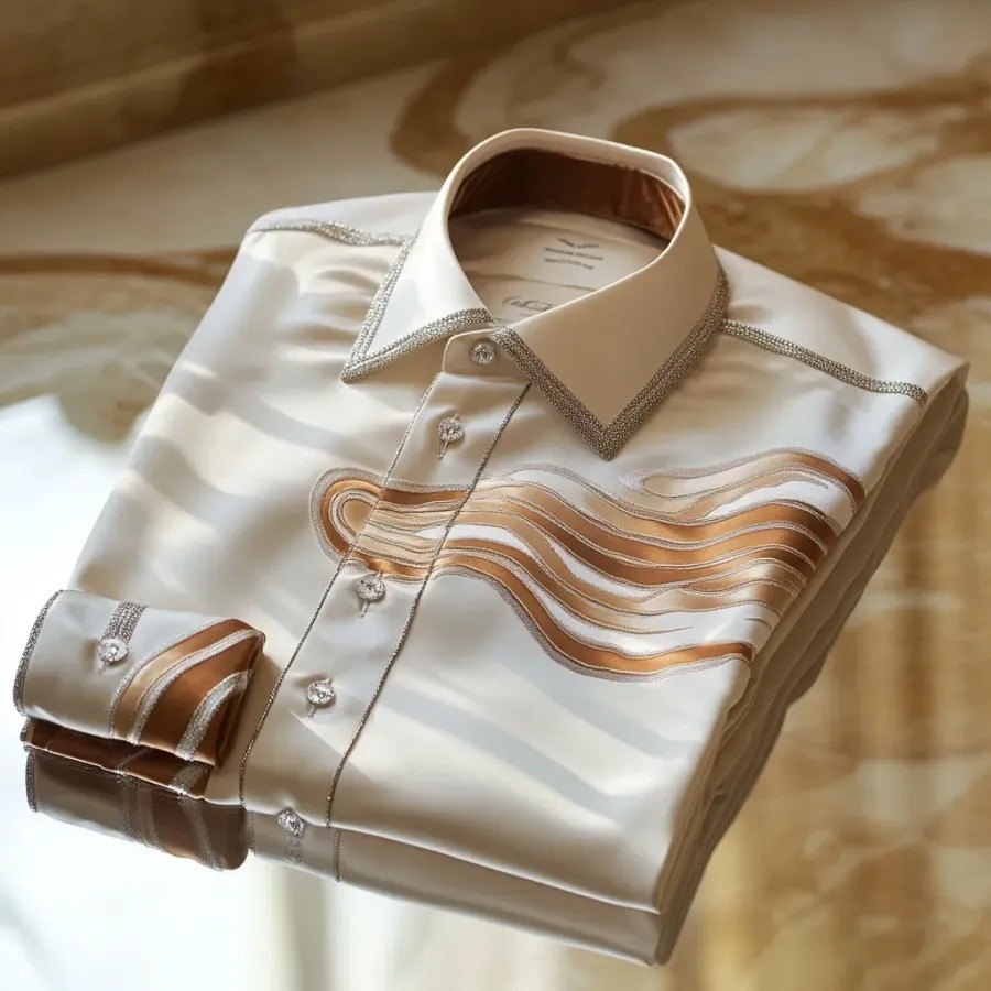 High Elasticity Soft Unique Men's Satin Luxe Print Long Sleeve Button Shirt