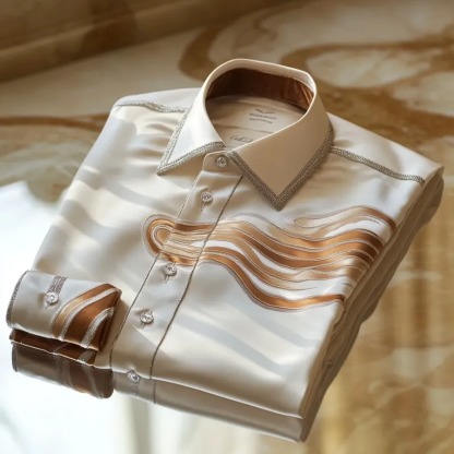 High Elasticity Soft Unique Men's Satin Luxe Print Long Sleeve Button Shirt